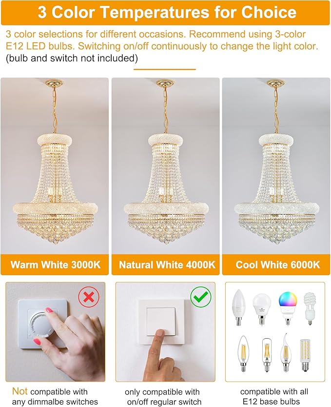 14 Lights Gold Finish Empire Crystal Chandelier Lighting for Dining Room Living Room Foyer Hallway Entryway (Dia 24'')