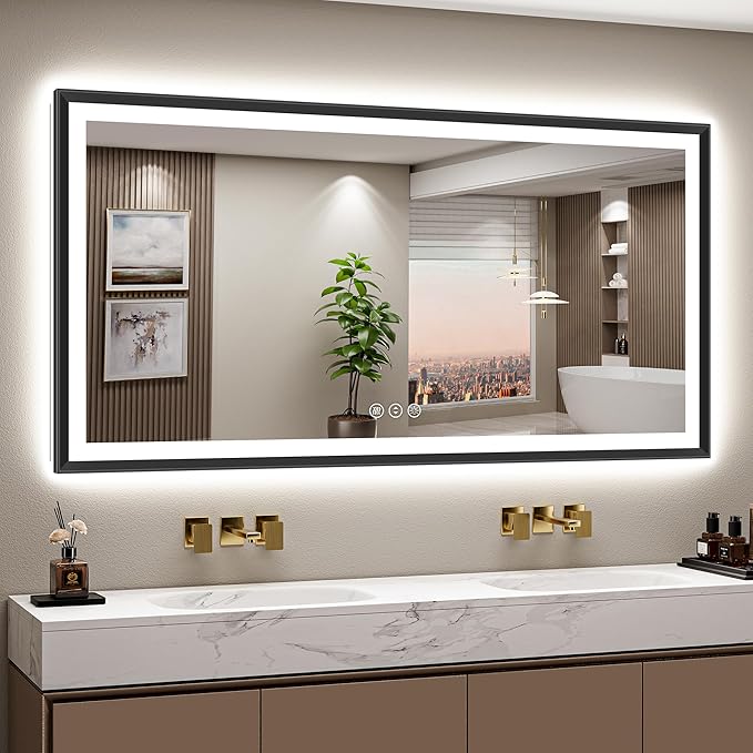 66x36 Black Framed Led Bathroom Mirror with Lights, Front Lit and Backlit, Lighted Vanity Mirror for Bathroom Wall, Anti-Fog, Dimmable, 3 Colors, Memory, HD Tempered Glass