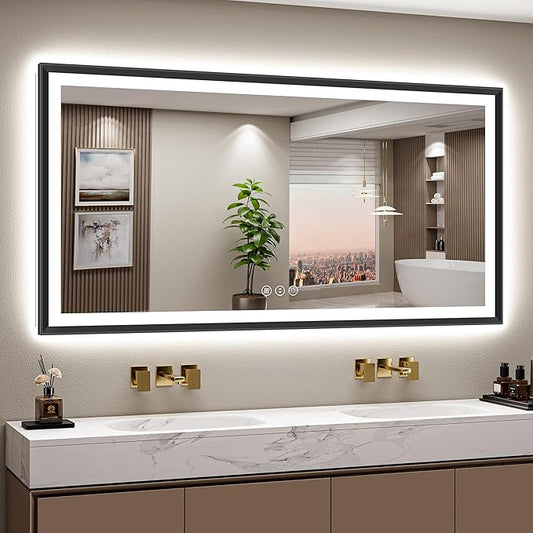 66x36 Black Framed Led Bathroom Mirror with Lights, Front Lit and Backlit, Lighted Vanity Mirror for Bathroom Wall, Anti-Fog, Dimmable, 3 Colors, Memory, HD Tempered Glass