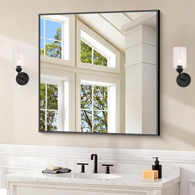 Black Bathroom Mirror for Wall, 30x30 Inch Rectangle Mirrors with Metal Frame, Modern Vanity Wall Square Mirror for Bathroom Living Room, Entryway Hangs Horizontal or Vertical