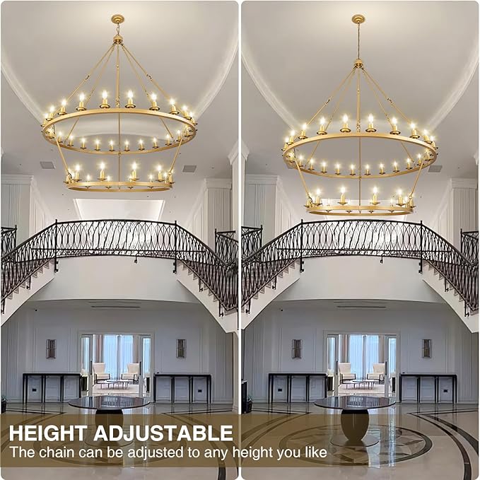 53" 2-Tier Wagon Wheel Chandelier, 36-Light Farmhouse Large Gold Chandelier Round Modern Rustic Industrial Adjustable Height for High Ceiling Living Room, Entryways, Foyer, Dining Room