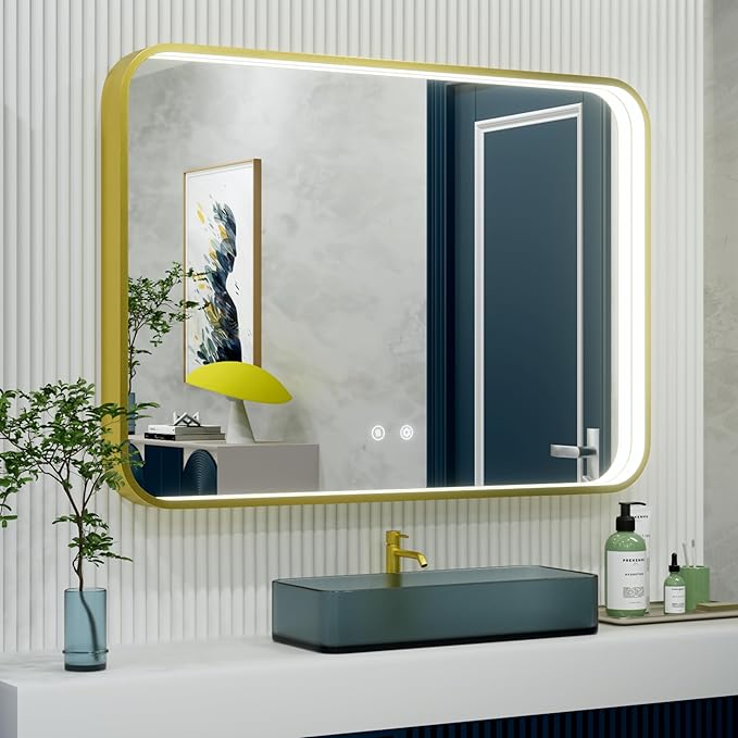 48x36 Inch Gold LED Bathroom Mirror with Lights, 3000K/4500K/6000K, Wall Mounted Lighted Vanity Mirrors for Bathroom, Memory Funtion, Stepless Dimmable, Anti-Fog, Horizontal/Vertical