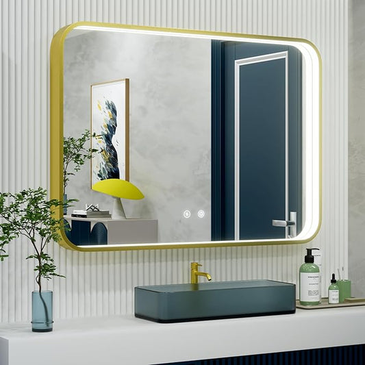 48x36 Inch Gold LED Bathroom Mirror with Lights, 3000K/4500K/6000K, Wall Mounted Lighted Vanity Mirrors for Bathroom, Memory Funtion, Stepless Dimmable, Anti-Fog, Horizontal/Vertical