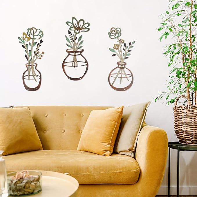Mcdagogn 3 Pieces Metal Flowers Wall Decor - Rustic Farmhouse Wall Arts, Boho floral Minimalist Wall Decor for Living room Bathroom Bedroom laundry Room Kitchen Office - Housewarming Gifts