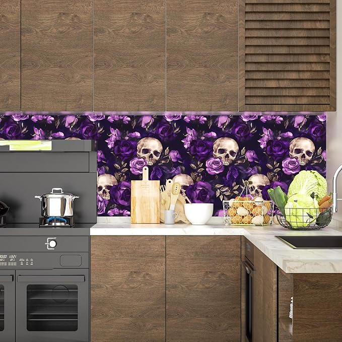 Black Floral Peel and Stick Wallpaper Vintage Boho Sugar Skull Contact Paper Gothic Flower Wall Mural Home Vinyl Waterproof Self Adhesive Removable Renter Friendly Wall Paper 17.5" x 118"