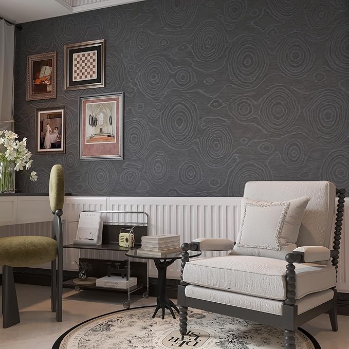 31.5"x157" Dark Grey Peel and Stick Wallpaper Boho Textured Self Adhesive Contact Paper Waterproof Tree Stump Wood Paper Botanical Removable Decorative Vinyl Wrap for Countertops Cabinets