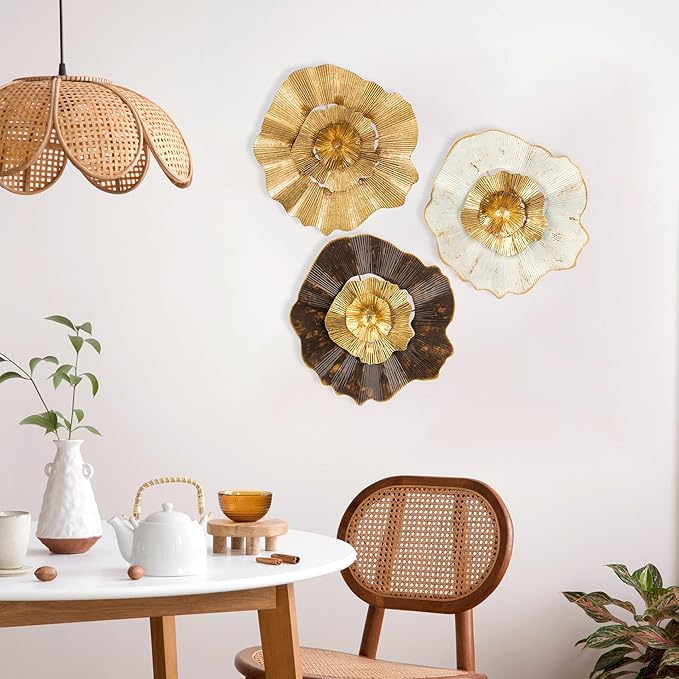 Briful 12" Gold Wall Décor Pack of 3 Metal Flower Plate Wall Art Modern Accent Hanging Wall Decorations For Home Office Bedroom Or Living Room Wall Sculptures