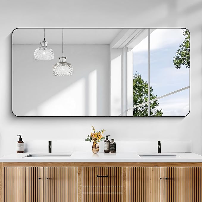 KOCUUY 60"x30" Large Rectangle Vanity Mirror, Black Metal Frame Mirror with Rounded Corner, Modern Design of Upgraded Shatterproof Glass for Bathroom, Bedroom, Living Room, Entryway