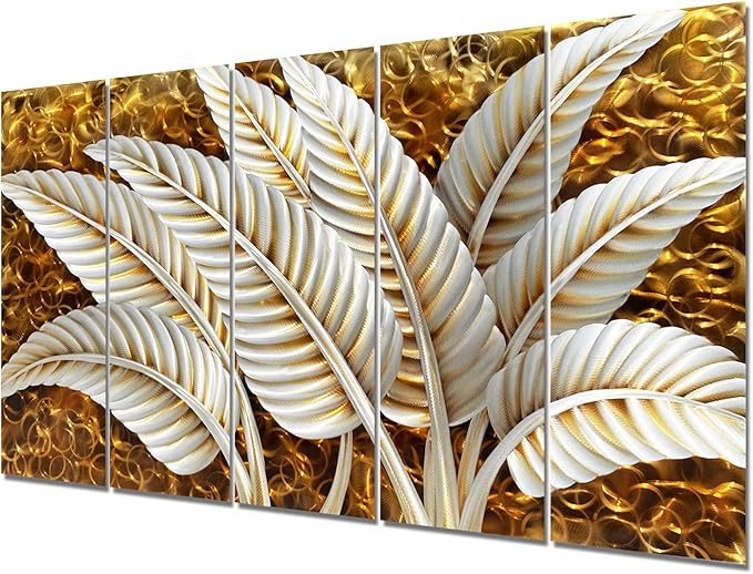 BATRENDY ARTS Modern Silver Banana Leaves Metal Art Wall Decor Golden Home Accent Sculpture 5 Panel Artwork Hand Polished Decorative Hangings for Bedroom