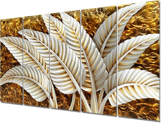 BATRENDY ARTS Modern Silver Banana Leaves Metal Art Wall Decor Golden Home Accent Sculpture 5 Panel Artwork Hand Polished Decorative Hangings for Bedroom
