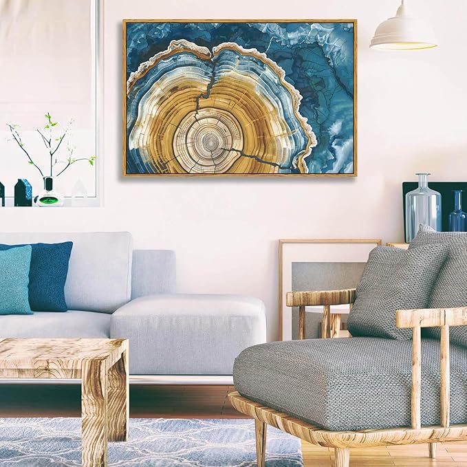 BingruiArt Large Framed Tree Ring Wall Art Wood Canvas Colorful Boho Wall Decor Rustic Artwork Abstract Painting Farmhouse Picture Nature Print for Living Room Bedroom Bathroom 24"x36" Natural Framed(07)