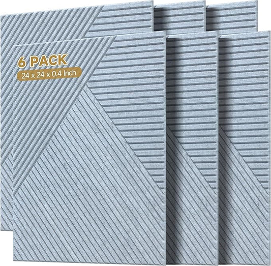 Acoustic Panels for Wall and Ceiling - 6 Pack 2'x2'x0.4",Self-Adhesive 3D Decorative Wall Panels,Silver Grey