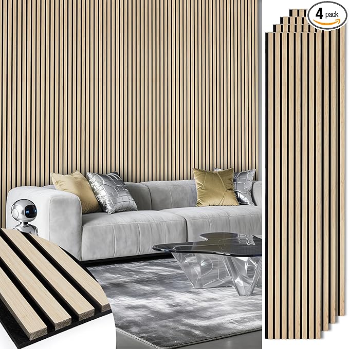 Acoustic Wood Slat Panels 4 Pack 106" x 12.6", Soundproof Wooden Wall Panels, 3D Fluted Panel for Interior Wall Decor, Living Room, Bedroom - Oak (Cover Approx. 37 sq.ft)