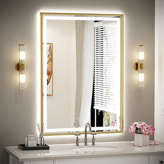 24x32 Inch LED Bathroom Mirror with Lights, Frontlit & Backlit Gold Metal Frame Mirror, Wall Mounted Lighted Vanity Mirrors for Wall, Double Lights Strips,Anti Fog Stepless Dimmable 3000K-6000K