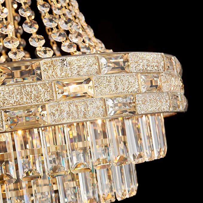 12-Light Gold Crystal Chandeliers,Empire Chandelier Light Fixture Modern High Ceiling Hanging Chandelier for Entryway,Foyer,Staircase,Hallway,Living Room(H36 x D23.2)
