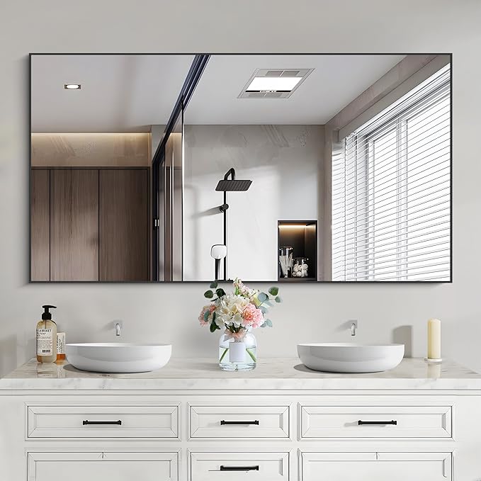 Black Bathroom Mirror for Wall, 55x30 Inch Rectangle Mirrors with Metal Frame, Modern Vanity Wall Mirror Decor for Bathroom Living Room, Entryway Hangs Horizontal or Vertical