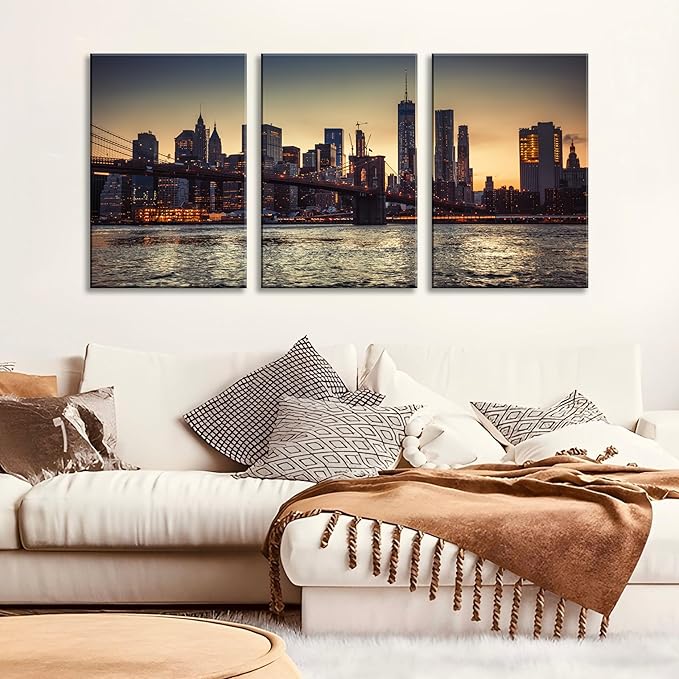 NAN Wind 3PCS New York City Skyline Canvas Wall Art Brooklyn Bridge at Sunset Golden Hour Manhattan Cityscape Pictures Canvas Artwork East River Reflection Modern Urban Home Decor Living Room Office