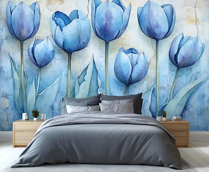 Blue Flowers Mural Wallpaper, Watercolor Flowers Murals, European Simple Wall Art Murals Wallpaper for Living Room Bedroom Home Decor Mural - 169.3" W x 118.26" H (Not Peel Stick)