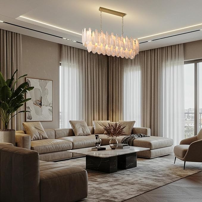 Chandeliers for Dining Room, L47.2 in Modern Alabaster Rectangle Brass Chandelier, 4-Tiers Luxury Natural Stone Ceiling Light Fixture, White Marble Chandeliers for Kitchen Island Living Room Bedroom