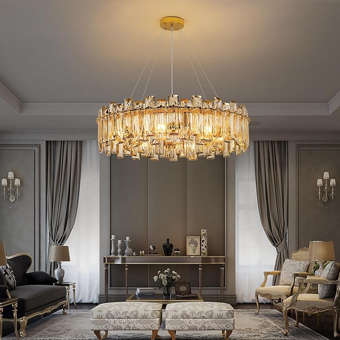 Modern Luxury K9 Crystal Chandelier 10-Lights Gold Round Pendant Light Easy Install Ceiling Hanging Light Fixture for Dining Living Room Kitchen Island Entryway Foyer D31.5