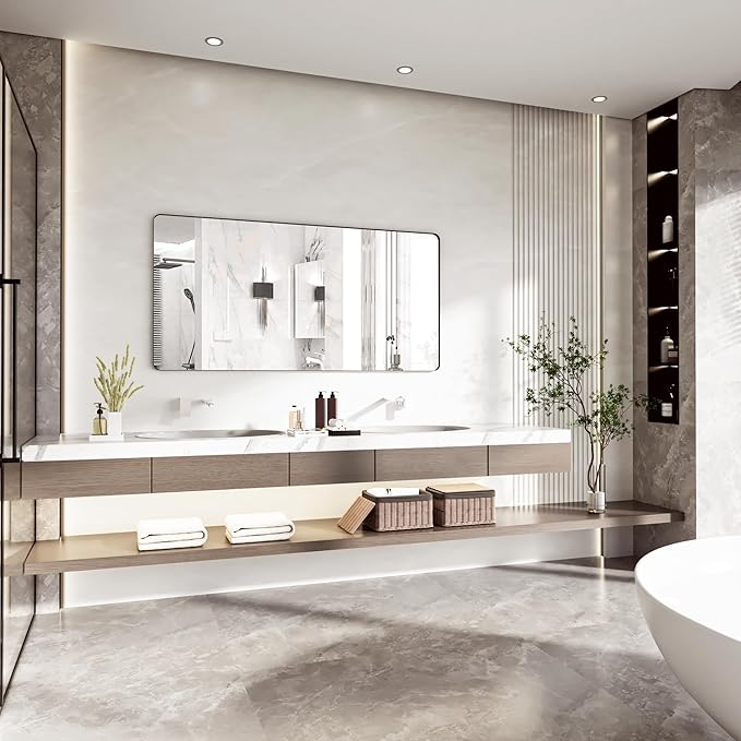 Black Bathroom Mirror 60X28 Inch Bathroom Vanity Mirror for Wall, Metal Frame Large Mirror, Tempered Glass, Modern Wall Mirror for Bathroom, Farmhouse, Horizontally or Vertically Hanging