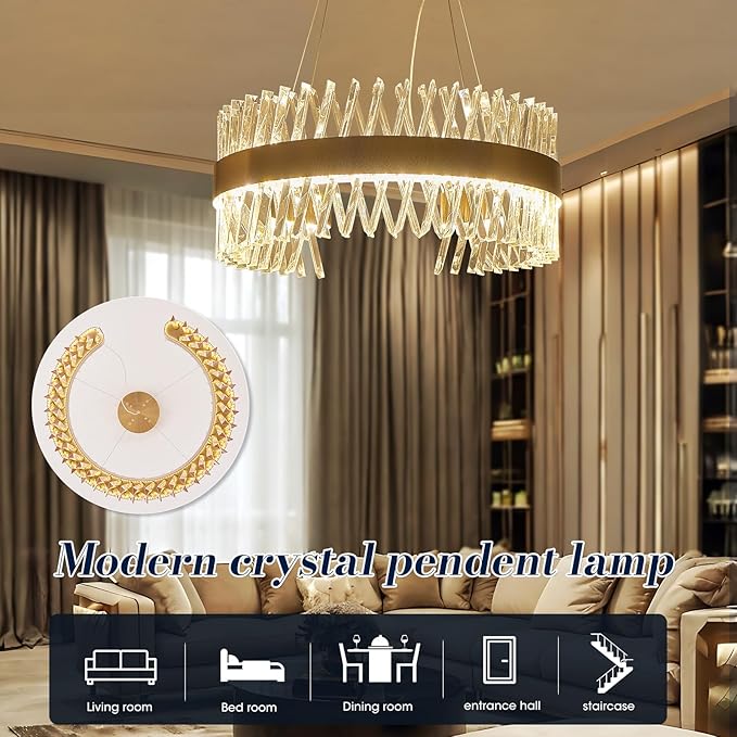 24" Modern Gold Crystal Chandeliers, Round Flush Mount Brass Crystal Lamp for Dining Room Living Room Kitchen Foyer K9 Clear Crystals,60W Led Dimmable 3000K