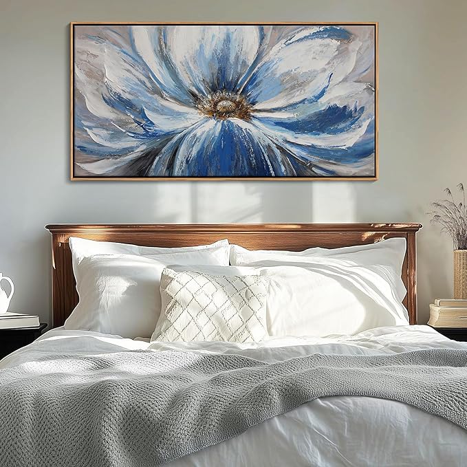 Blue Wall Art for Living Room Large White Flower Picture Wall Decor Canvas Art Wall Artwork Pictures for Bedroom Wall Decor Size 24x48(With Soild Wood Dark Framed)