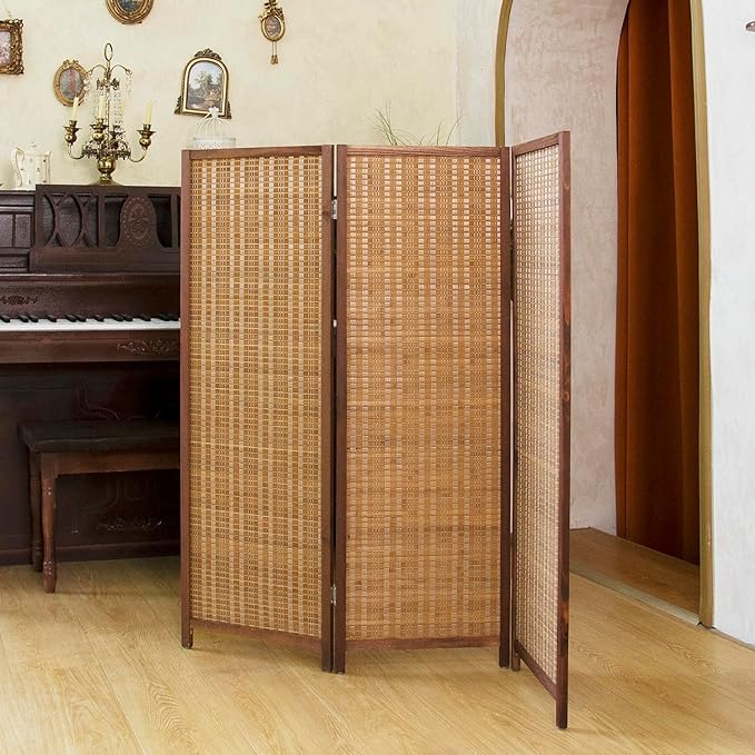 3 Panel Short Room Divider Folding Screen,47 inch Bamboo Panel Divider for Home Partition,Brown