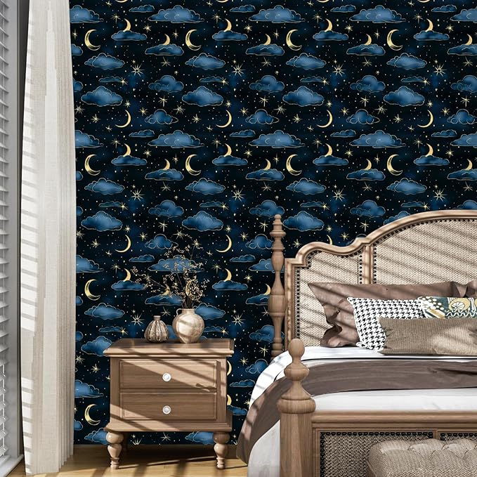 Cloudy Starry Night Peel and Stick Wallpaper Vintage Green Leaf Contact Paper Dark Floral Wall Mural Home Vinyl Waterproof Self Adhesive Removable Renter Friendly Wall Paper 17.5" x 118"