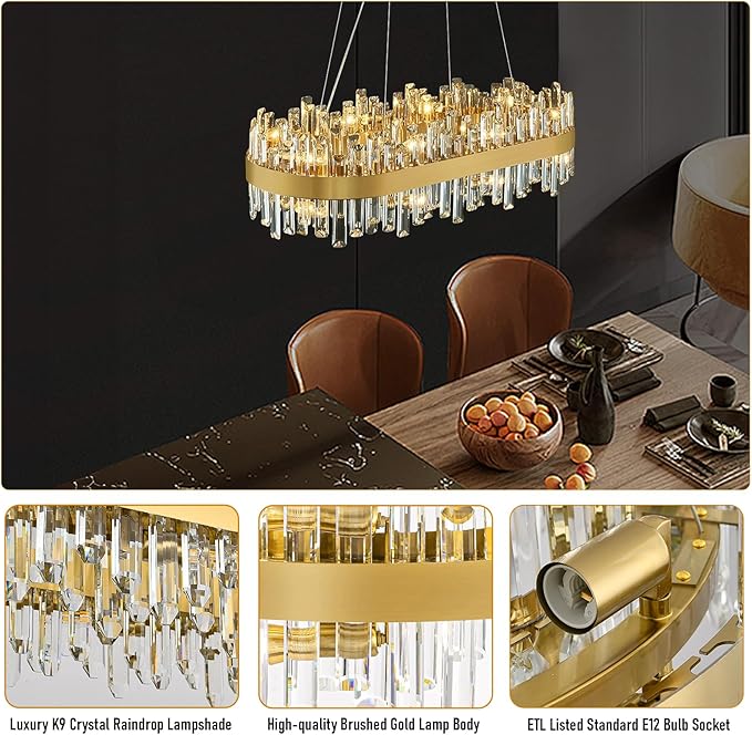 Modern Crystal Chandelier, 16-Lights 2 Tiers Dining Room Chandelier Over Table, 36'' K9 Crystal Gold Rectangular Chandeliers for Kitchen Island Adjustable Long Chandeliers for Living Room
