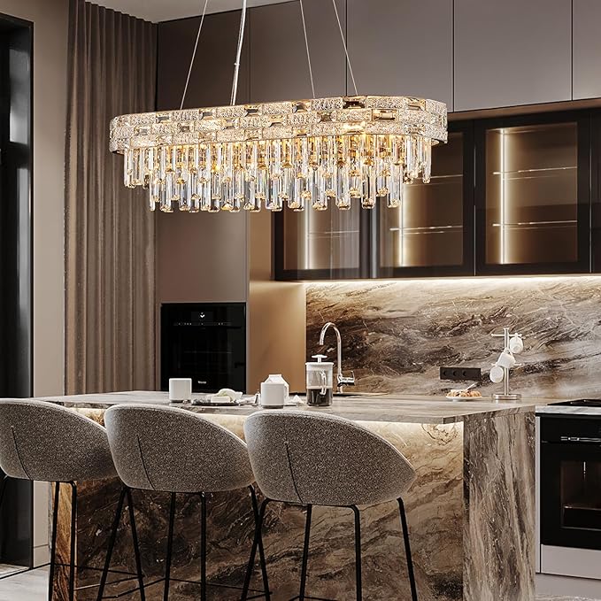 Modern Crystal Chandelier,12-Light Gold Chandelier Light Fixture Contemporary Luxury K9 Crystal Rectangular Pendant Ceiling Light Fixture for Dining Living Room Kitchen Island Bar (L34.3Inch)