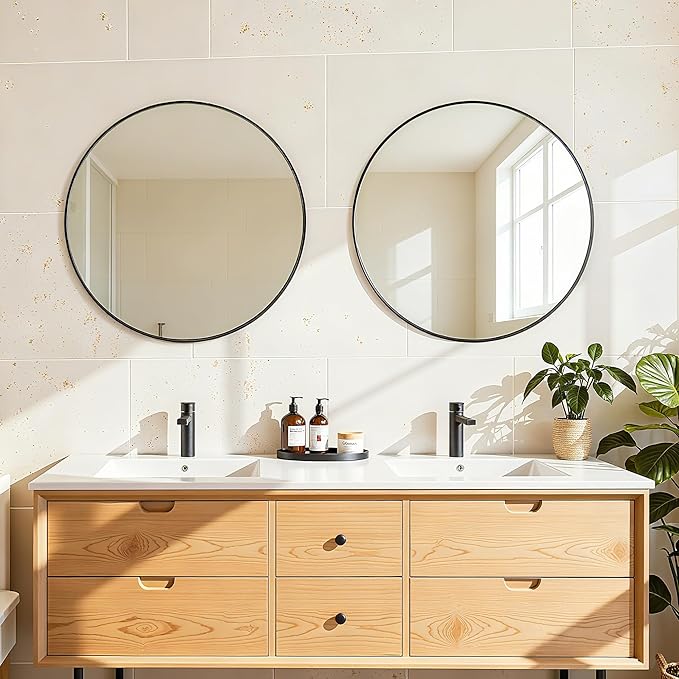 Antok Wall Mirror, 18"x18" Bathroom Vanity Mirror, Anti-Rust HD Tempered Glass, Wall Mounted Mirrors for Living Room, Entryway, Black Frame, Round