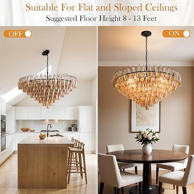 Modern Round Chandelier, 37" Extra Large Black Chandeliers for Dining Room, 14-Light with Tiered Smoke Glass Tubes Ceiling Light, Pendant Lighting Fixture for Living Room Bedroom Kitchen Island