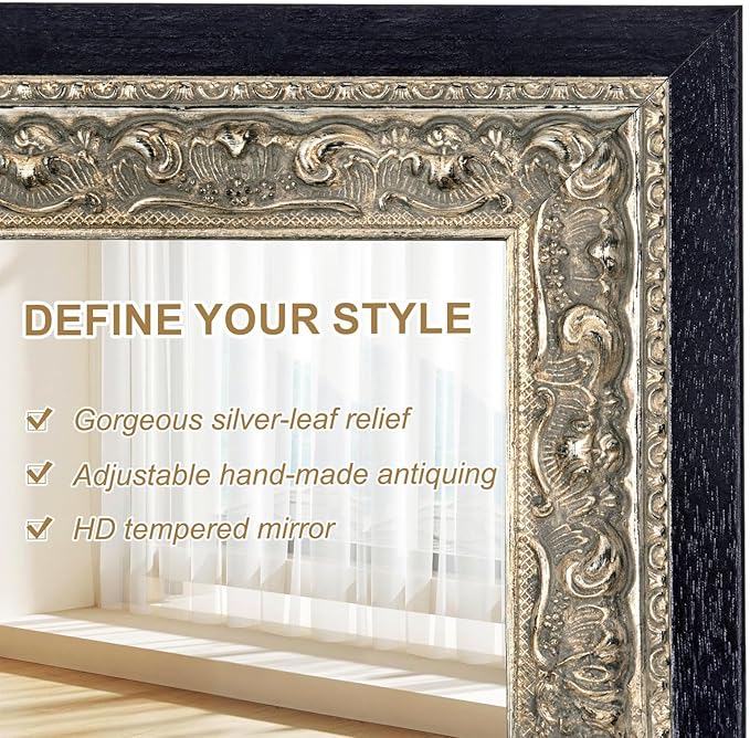 Black Large Vintage Wall Mirror Decor, 51.5"x28" Ornate Decorative Mirror with Silver Foil Carvings Wooden Frame, Handmade Aging, for Dining Room, Fireplace, Bathroom and Bedroom