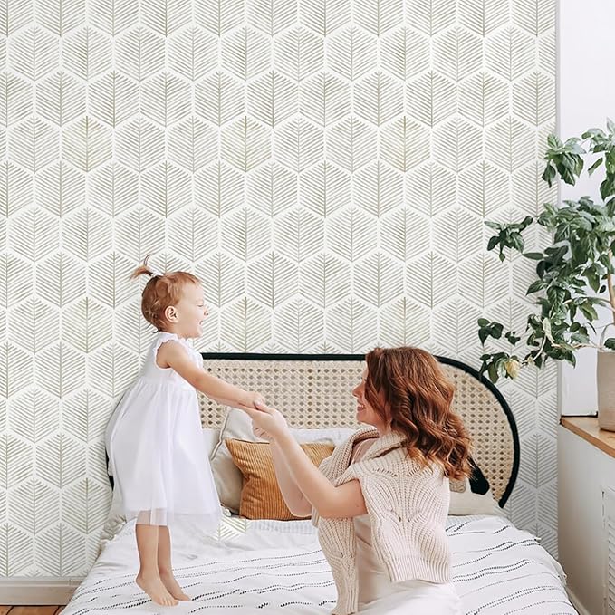 MelunMer Modern Peel and Stick Wallpaper Boho Contact Paper for Cabinets/Drawers 197In L 17.3In W Self Adhesive Removable Wallpaper for Bedroom/Bathroom Waterproof Geometric Contact Paper Beige/White