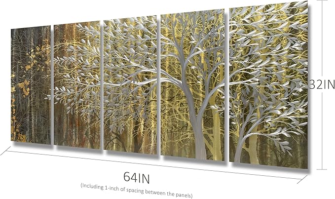 BATRENDY ARTS Large Metallic Tree Wall Art Handcrafted Silver Hanging Designs Multi-panel Indoor and Outdoor Decorative Painting 32Wx64L