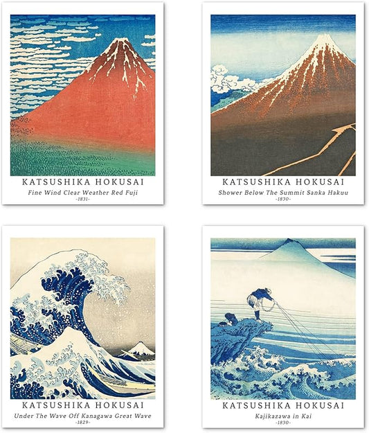 Berkin Arts Wall Art Unframed Prints Giclee Art Paper Set of 4, 8x10 inch Japanese Ukiyo-e Artwork, Home Decoration The Great Wave off Kanagawa Mount Fuji Nature Landscape Katsushika Hokusai Painting