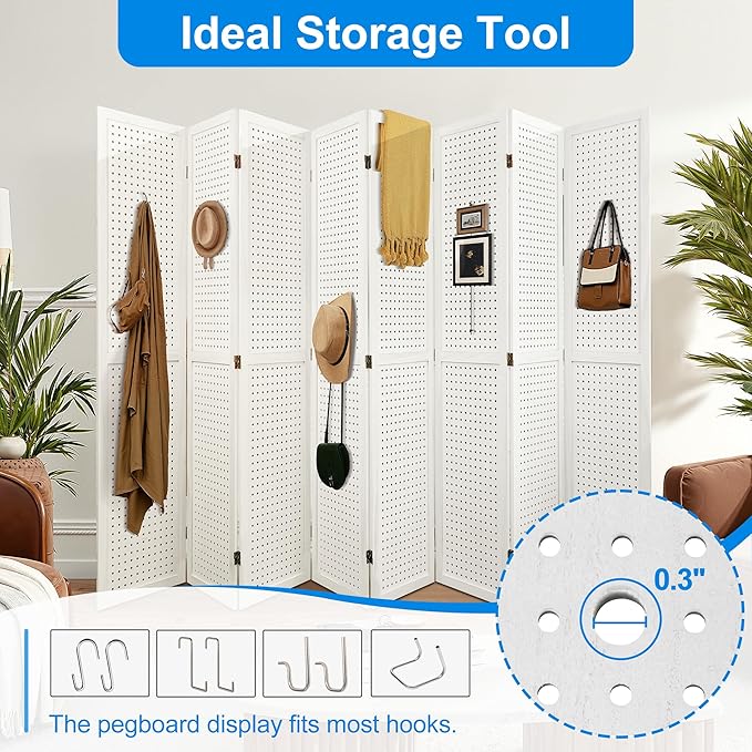 2 PCS Room Dividers 8 Panel Pegboard Display 5.6FT Wood PegBoard Room Divider, Folding Privacy Screens Portable Freestanding Partition Wall Divider for Art Shows & Room Separation, White