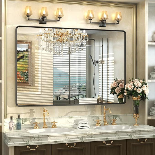 OKPAL 48X32 Inch Matte Black Frame Bathroom Mirror, Large Bathroom Vanity Mirror, Rectangle Mirror for Bathroom, Round Corner, Rustproof, Shatterproof (Horizontal/Vertical)