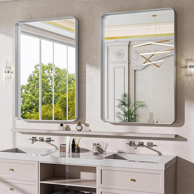 Bathroom Mirror Vanity for Over Sink Wall Mirror - 24x32 Inch Rounded Corner Rectangle Aluminum Frame Mirror,Hangs Horizontally or Vertically for Living Room Bedroom or Entryway Silver