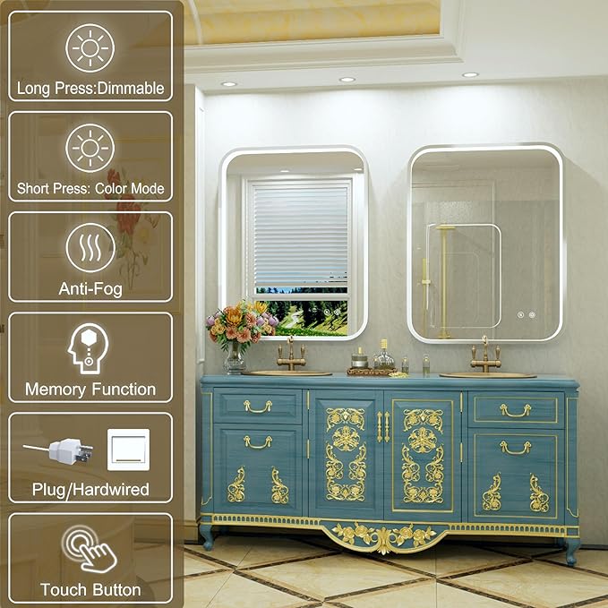 28x36 Inch Silver LED Mirror for Bathroom with Lights, Adjustable 3000K/4500K/6000K, Wall Mounted Lighted Bathroom Vanity Mirrors, Stepless Dimmable, Anti-Fog, Memory, Horizontal/Vertical