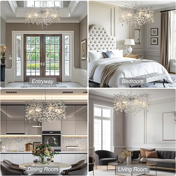 30" Silver Crystal Chandelier, 10-Light Tree Branch Chandelier for Dining Room, Modern Round Chandeliers for Living Room, Foyer, Entryway, Bedroom, Kitchen, Luxury K9 Crystal Raindrop Light Fixture