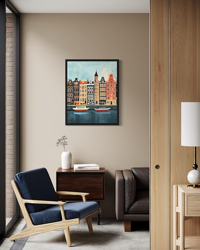 Amsterdamn Netherlands Wall Art Poster Print, Vintage Retro Landscape Scenery Painting Artwork Travel Prints Decor Cityscape Landmarks Gallery 27 (Amsterdamn Netherlands, 18 x 24 inches, Black Frame)