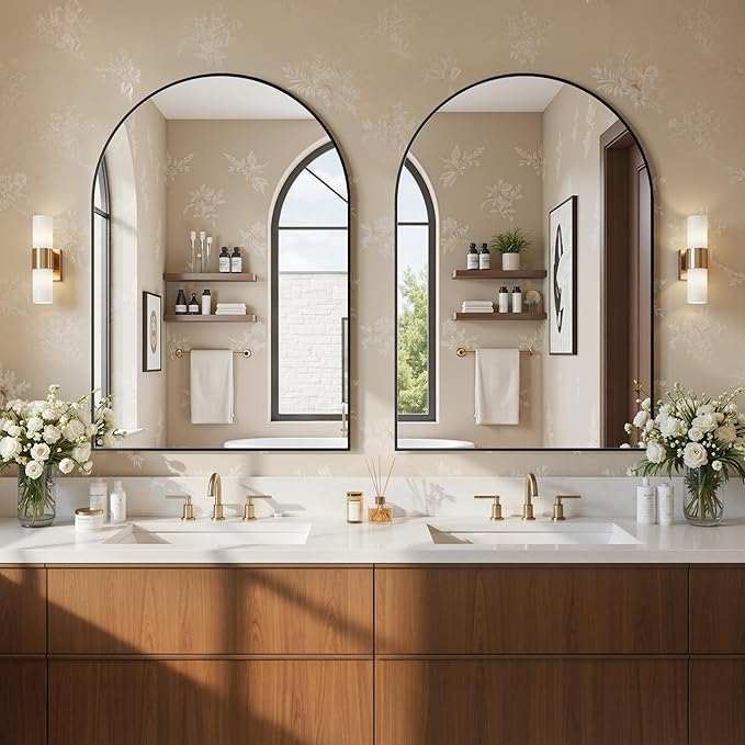 Antok Wall Mirror, 24"x36" Bathroom Vanity Mirror, Anti-Rust HD Tempered Glass, Wall Mounted Mirrors for Living Room, Entryway, Black Frame, Arched