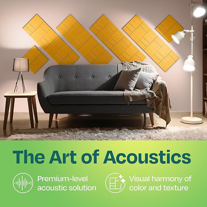 Acoustic Panels 12-Pack Soundproof Wall Panels 12"x12"x0.4" Decorative Sound Dampening for Your Home, Office, Studio, Bedroom & More with Unique GridFrame Carving [Yellow Orange Gold]