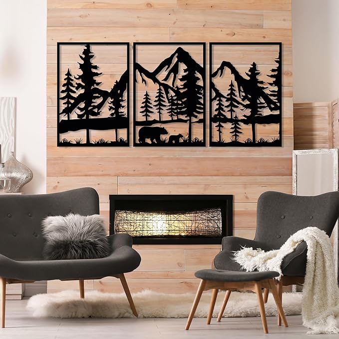 Mountain and Bear Metal Wall Art Set of 3, Forest Wall Decor, Mountain Forest Landscapes Ready to Hang Wall Decorations, Wilderness Scenery Art, Modern Art for Farmhouse, Living Room, Bedroom