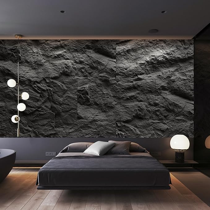 KASARO 3D Faux Stone Wall Panels, 4 PCS PU Wainscoting Panel for Interior Wall Decor, Cement Texture Thicker Accent for Home, Office, 43.3 × 23.6 inch, Black
