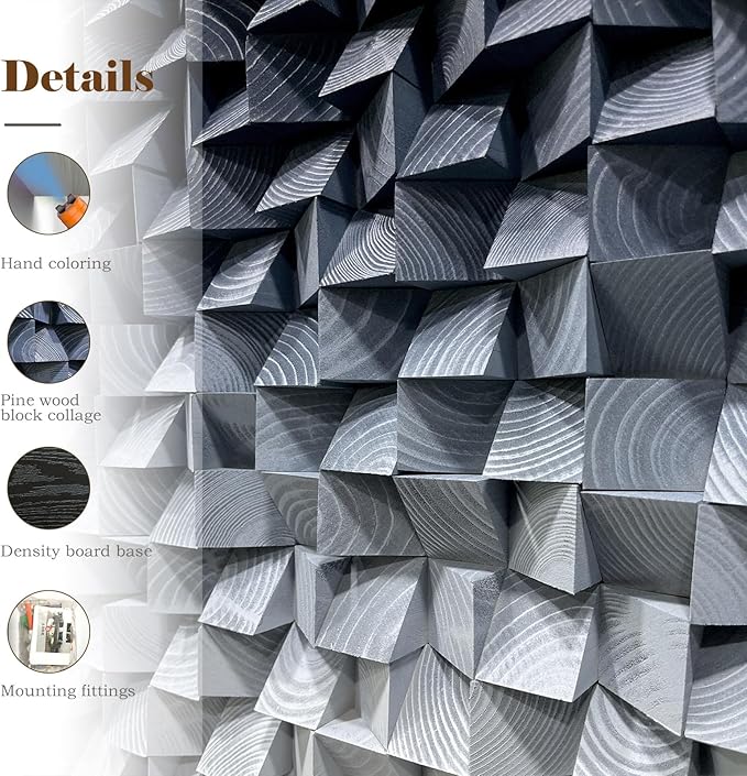 LIUZEYUE - 3D wooden block decoration painting art wall decoration 3D wooden background wall living room bedroom study (blue gray gradient) Diameter 23.6"