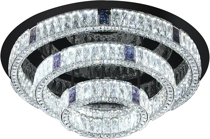32'' Modern Flush Mount Crystal Chandelier for Living Room Round Ring Chandelier Black 3-Tier Crystal Ceiling Light for Dining Room Kitchen Bedroom Dimmable Lighting