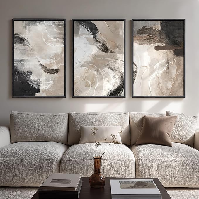 Large Framed Neutral Abstract Wall Art for Living Room, 3 Piece Modern Canvas Prints Paintings Artwork for Walls, Black Beige Brown Neutral Tone Pictures for Hallway Bedroom Office Wall Decor 24x36 In